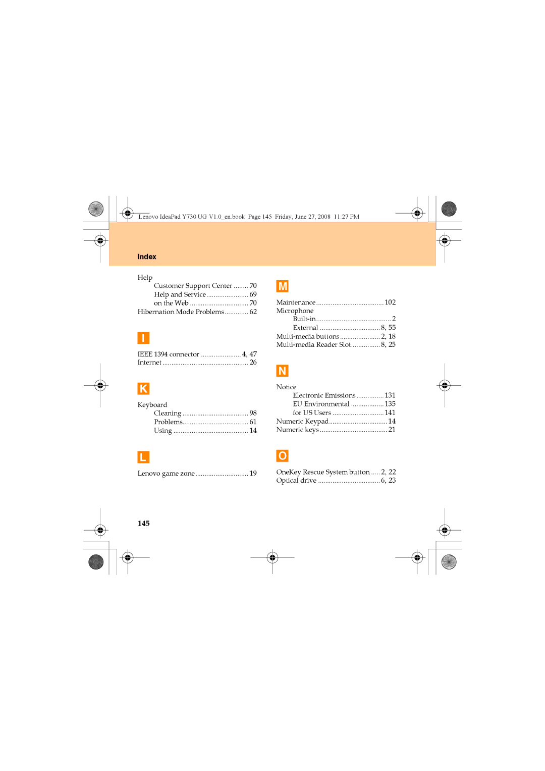 Lenovo Y730 manual 145, Index 