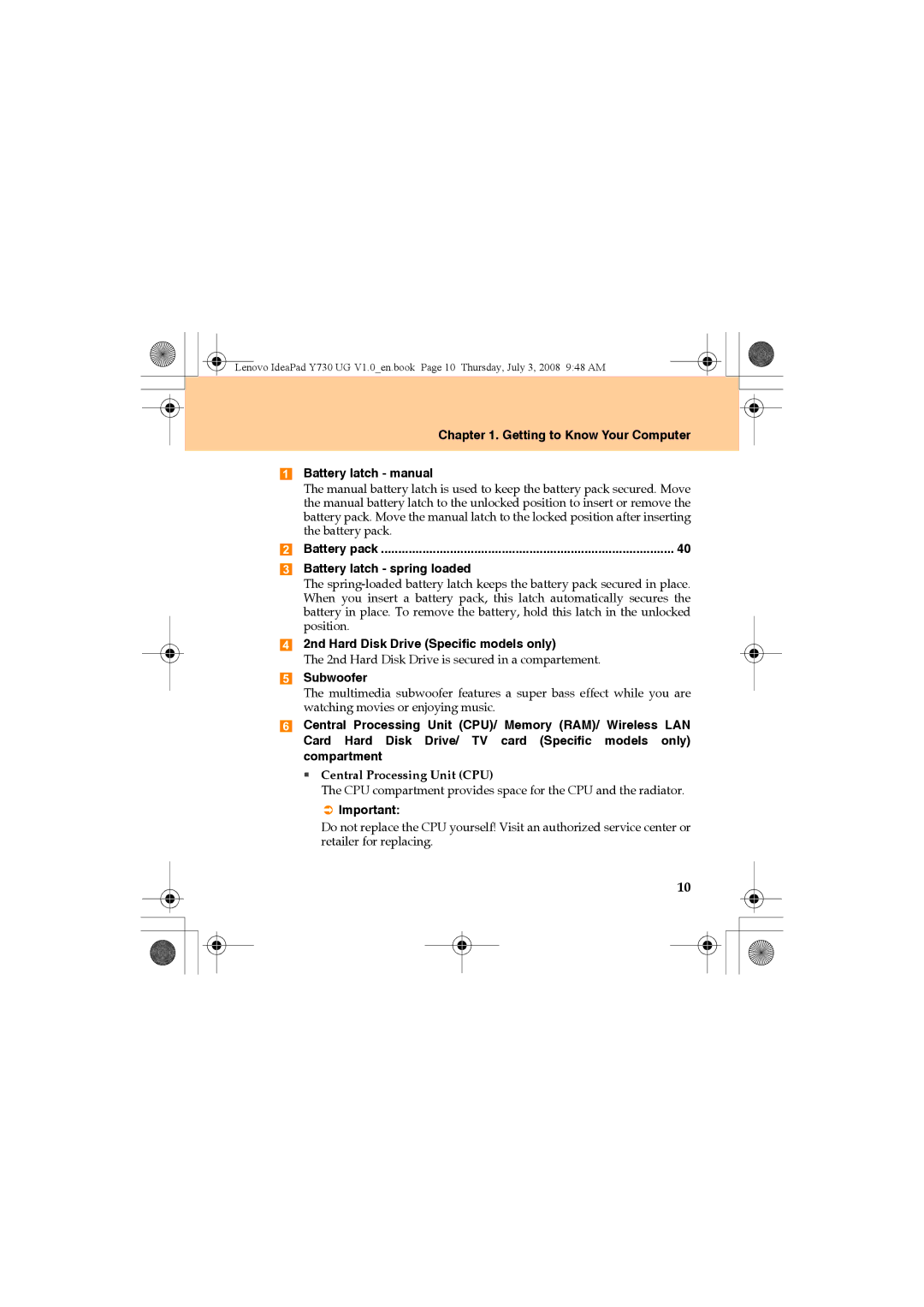 Lenovo Y730 Getting to Know Your Computer Battery latch manual, Battery latch spring loaded, Subwoofer 