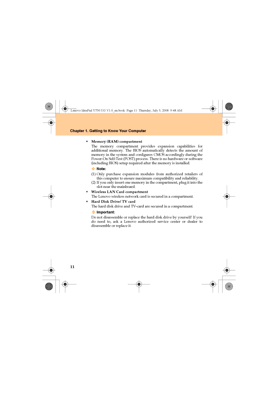 Lenovo Y730 manual ƒ Wireless LAN Card compartment 