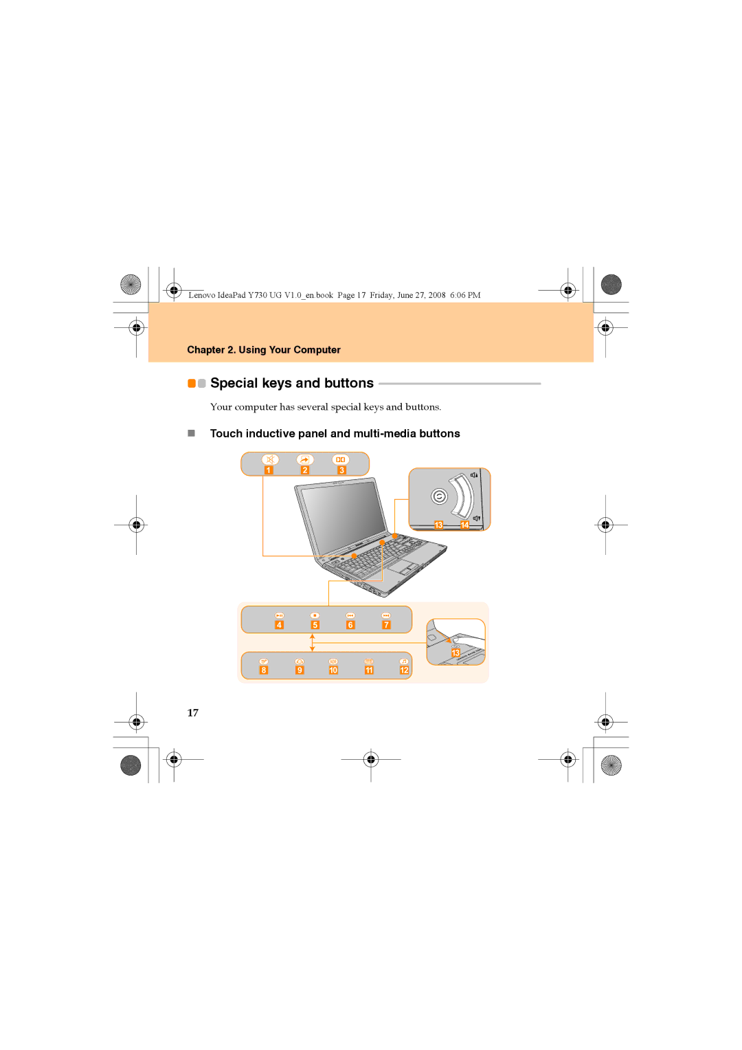 Lenovo Y730 manual Special keys and buttons, „ Touch inductive panel and multi-media buttons 