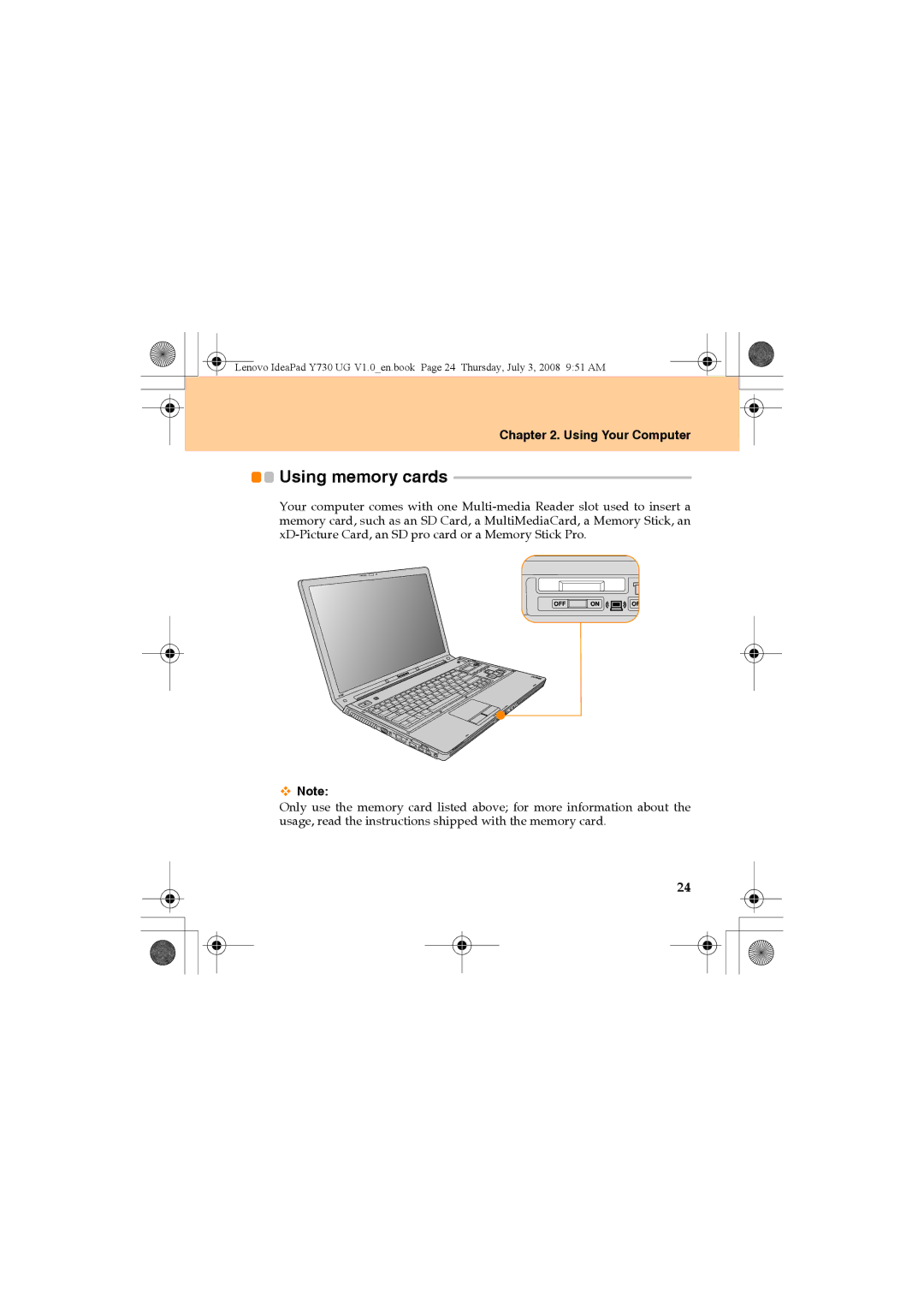 Lenovo Y730 manual Using memory cards 