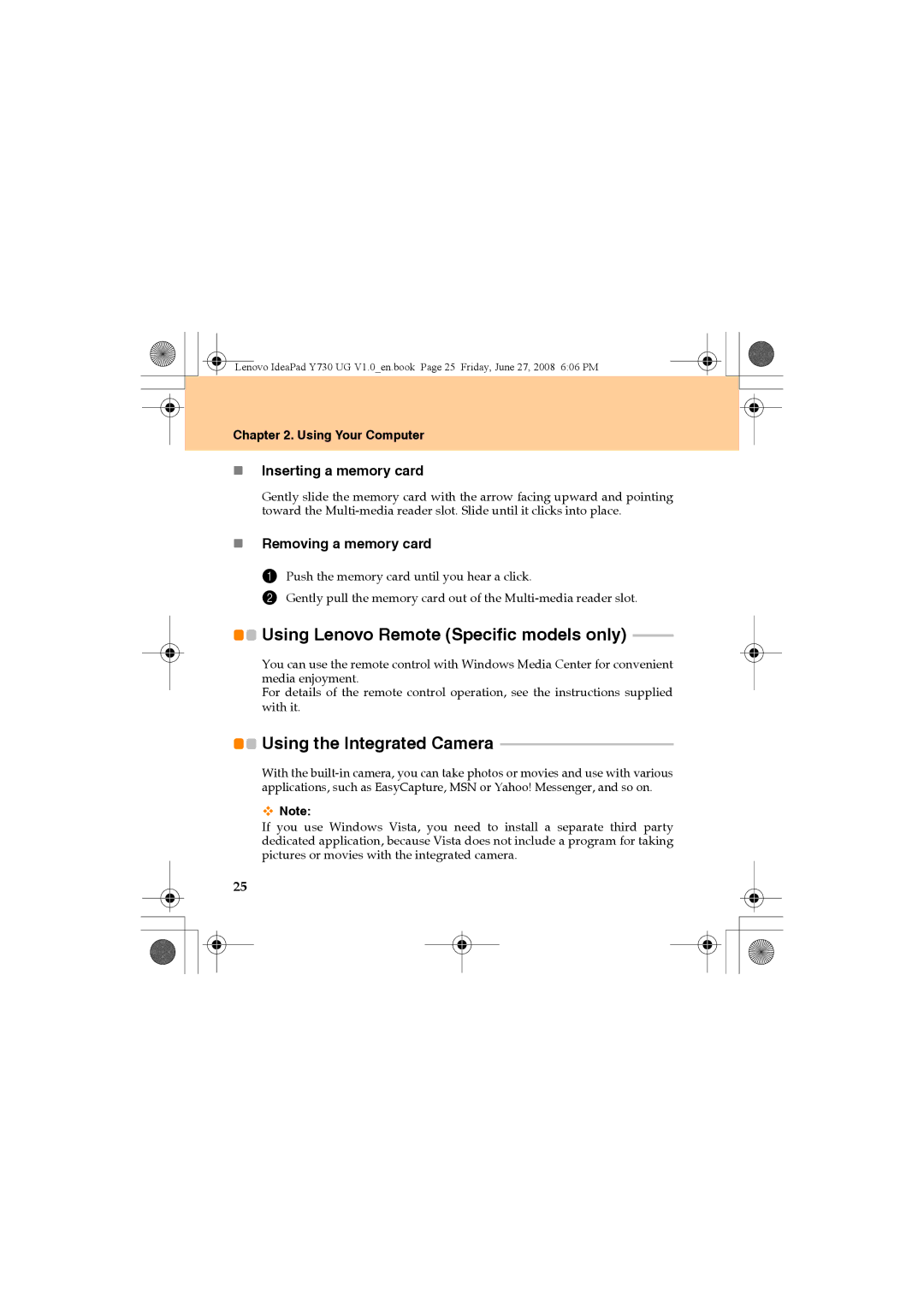 Lenovo Y730 manual Using the Integrated Camera, „ Inserting a memory card, „ Removing a memory card 