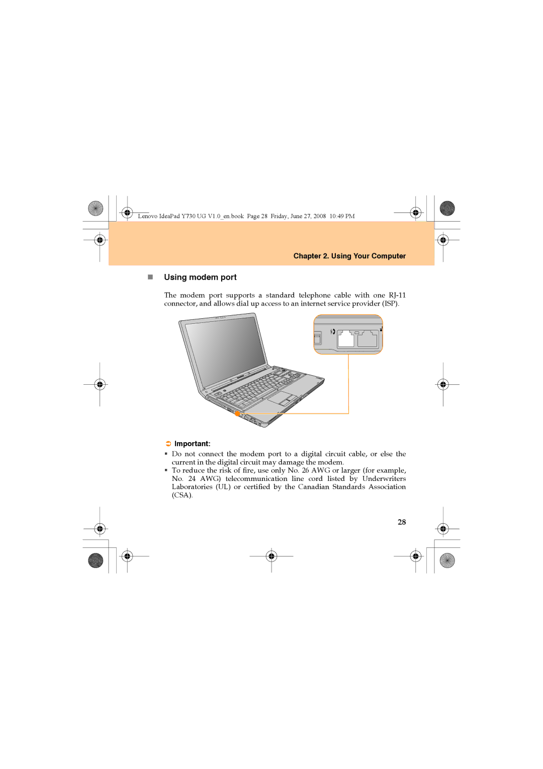 Lenovo Y730 manual „ Using modem port 