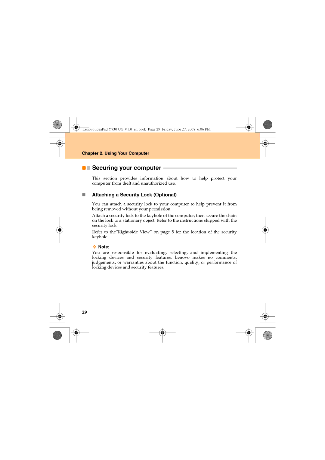 Lenovo Y730 manual Securing your computer, „ Attaching a Security Lock Optional 