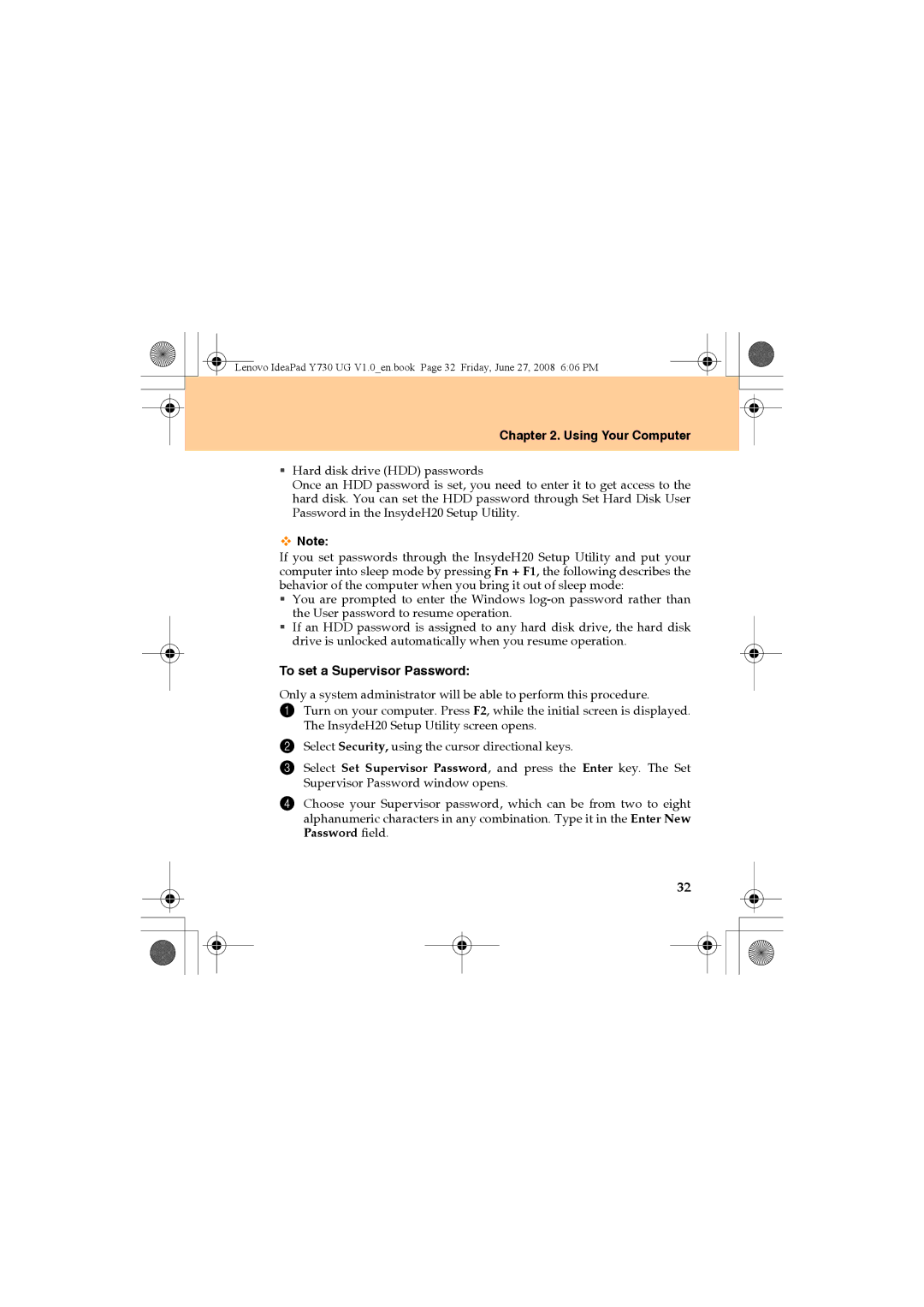 Lenovo Y730 manual To set a Supervisor Password 