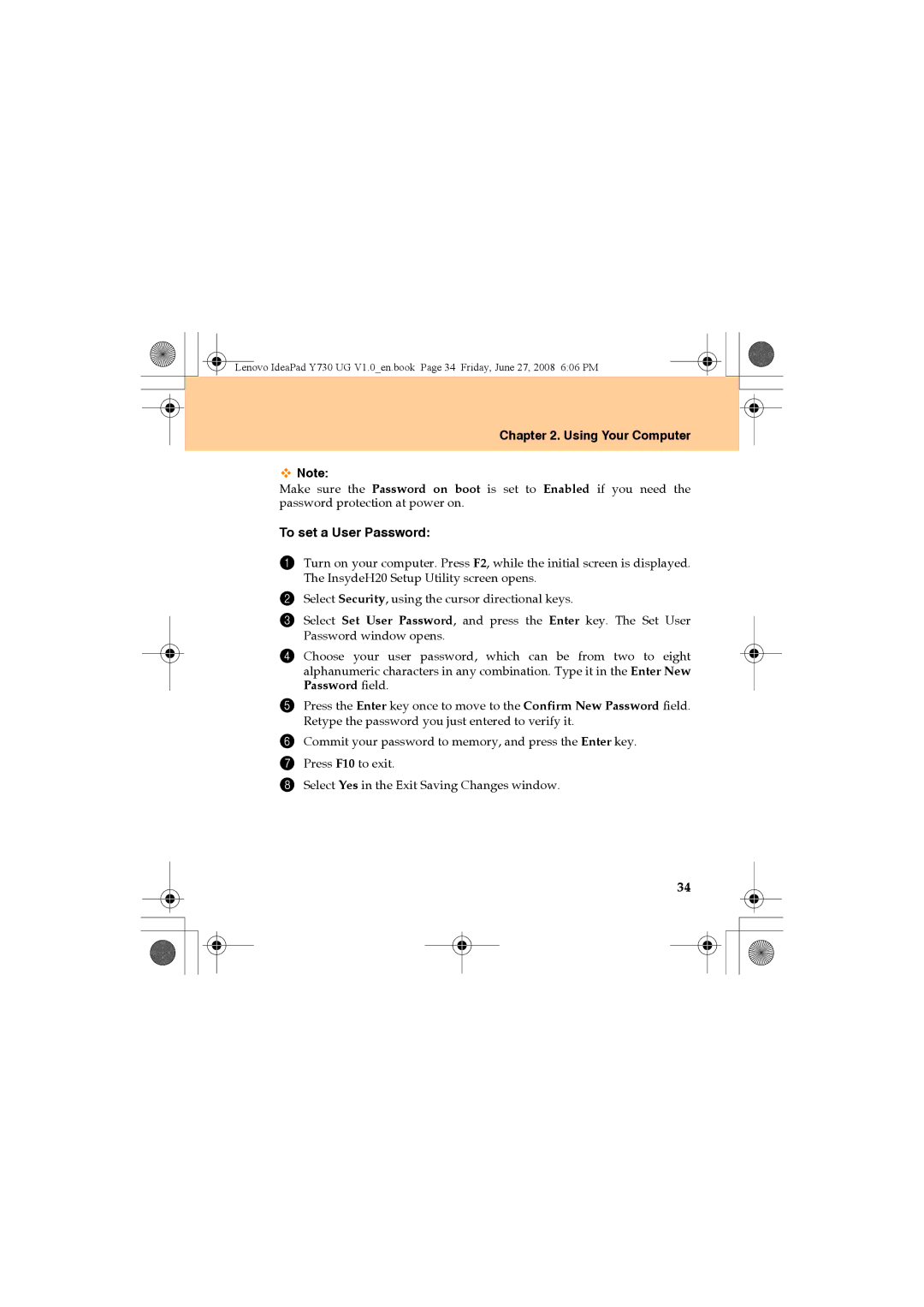 Lenovo Y730 manual To set a User Password 