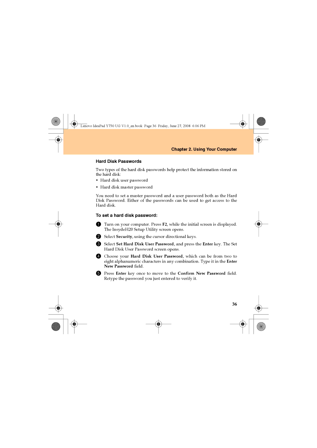 Lenovo Y730 manual Using Your Computer Hard Disk Passwords, To set a hard disk password 