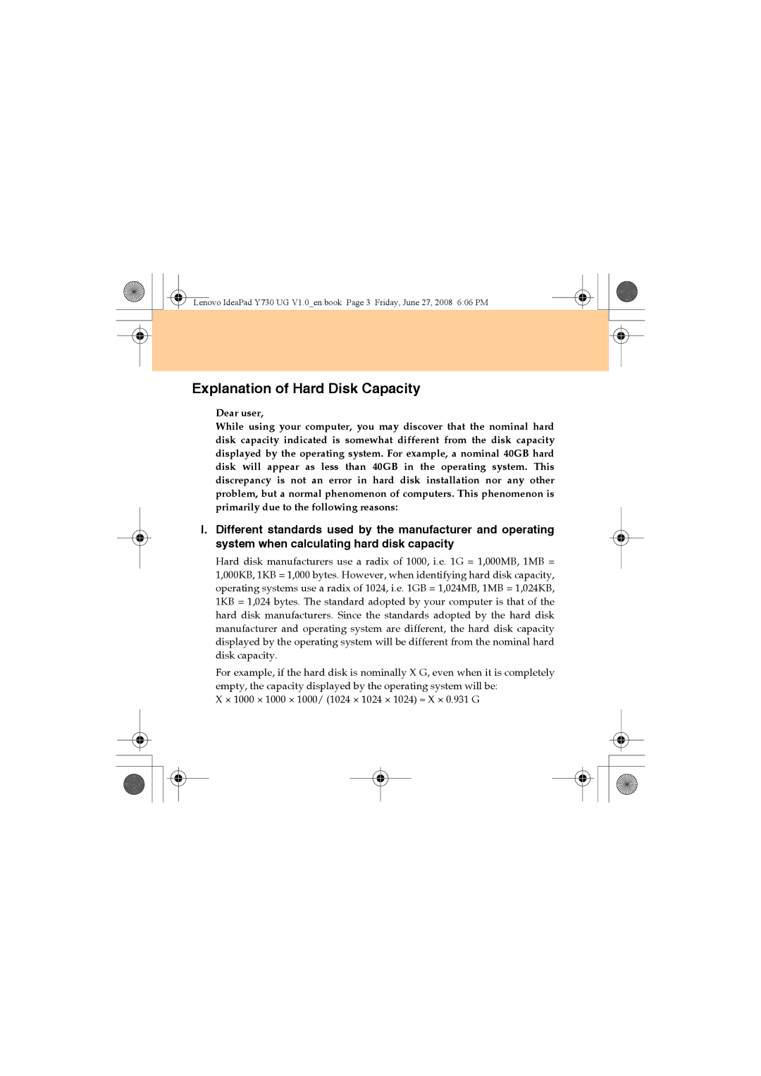 Lenovo Y730 manual Explanation of Hard Disk Capacity 