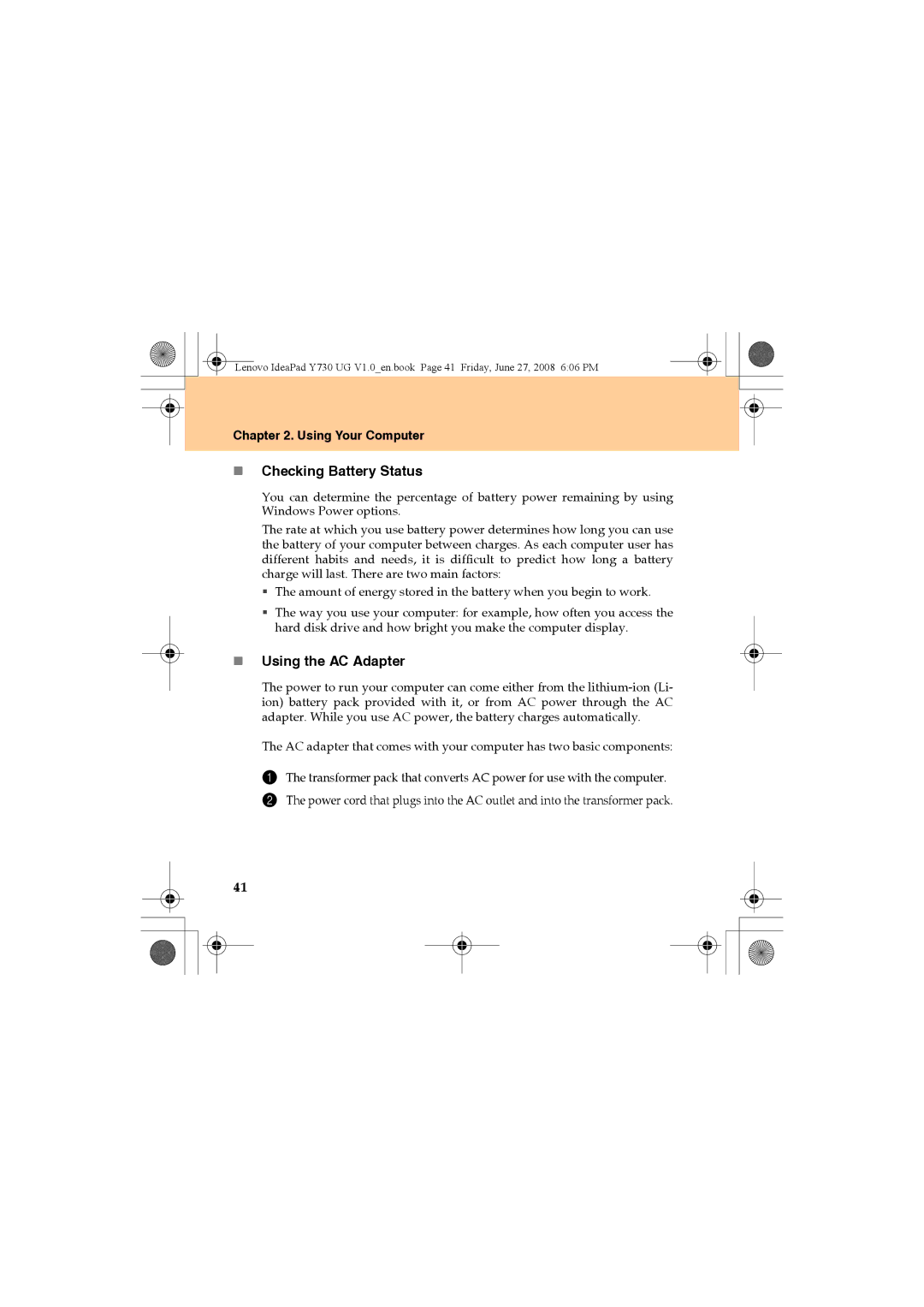 Lenovo Y730 manual „ Checking Battery Status, „ Using the AC Adapter 