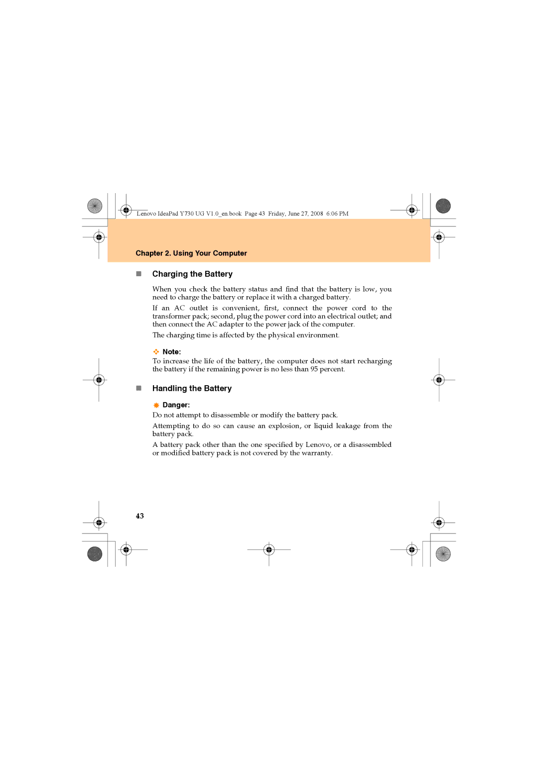 Lenovo Y730 manual „ Charging the Battery, „ Handling the Battery 