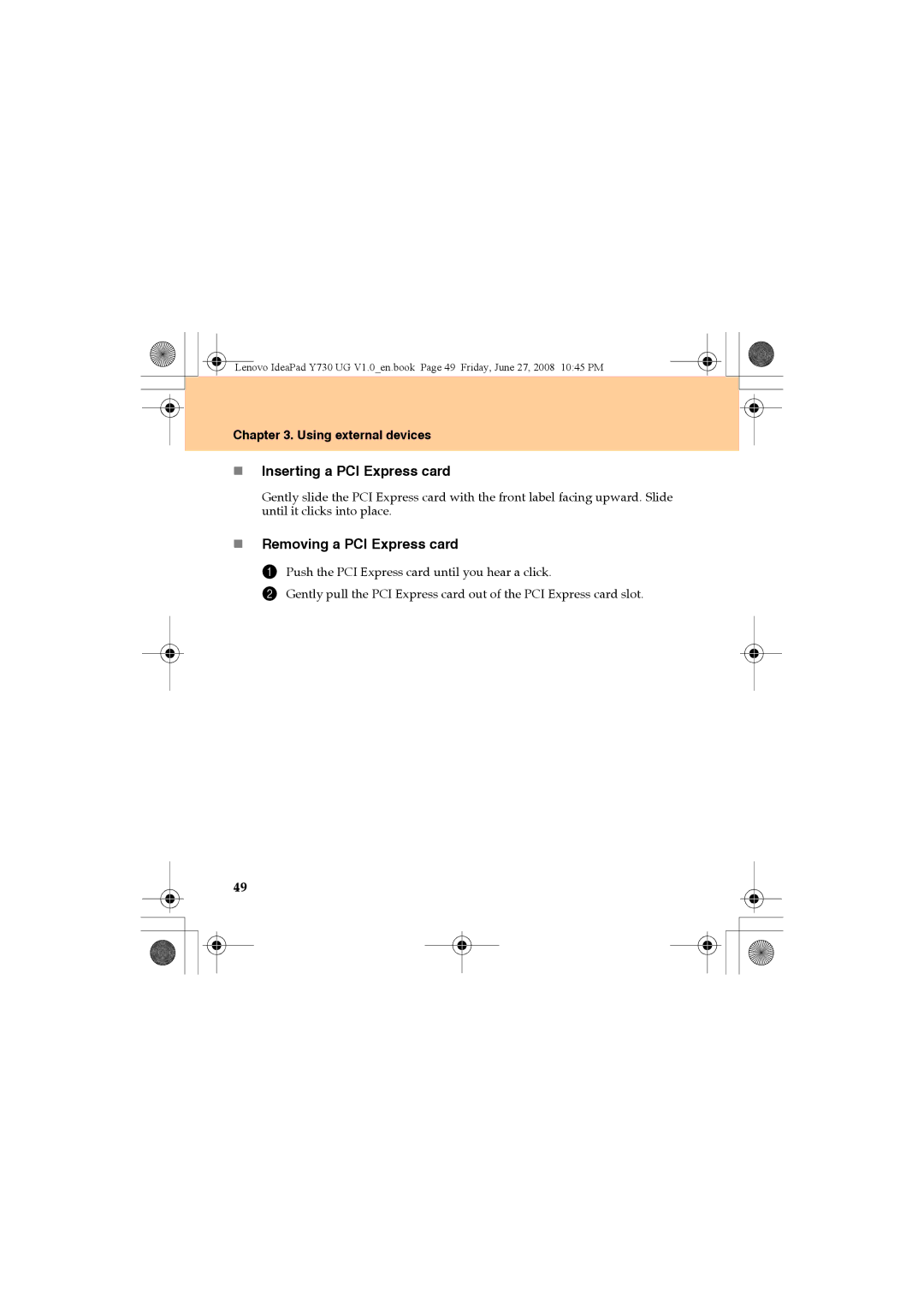 Lenovo Y730 manual „ Inserting a PCI Express card, „ Removing a PCI Express card 