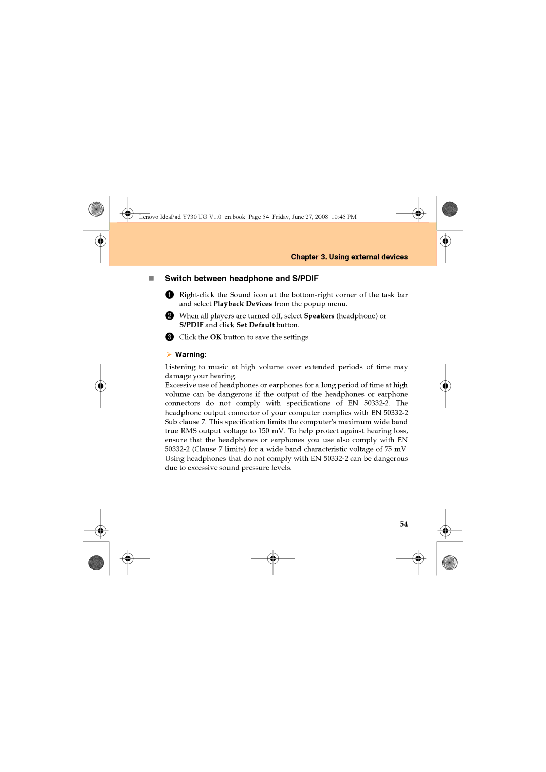 Lenovo Y730 manual „ Switch between headphone and S/PDIF 