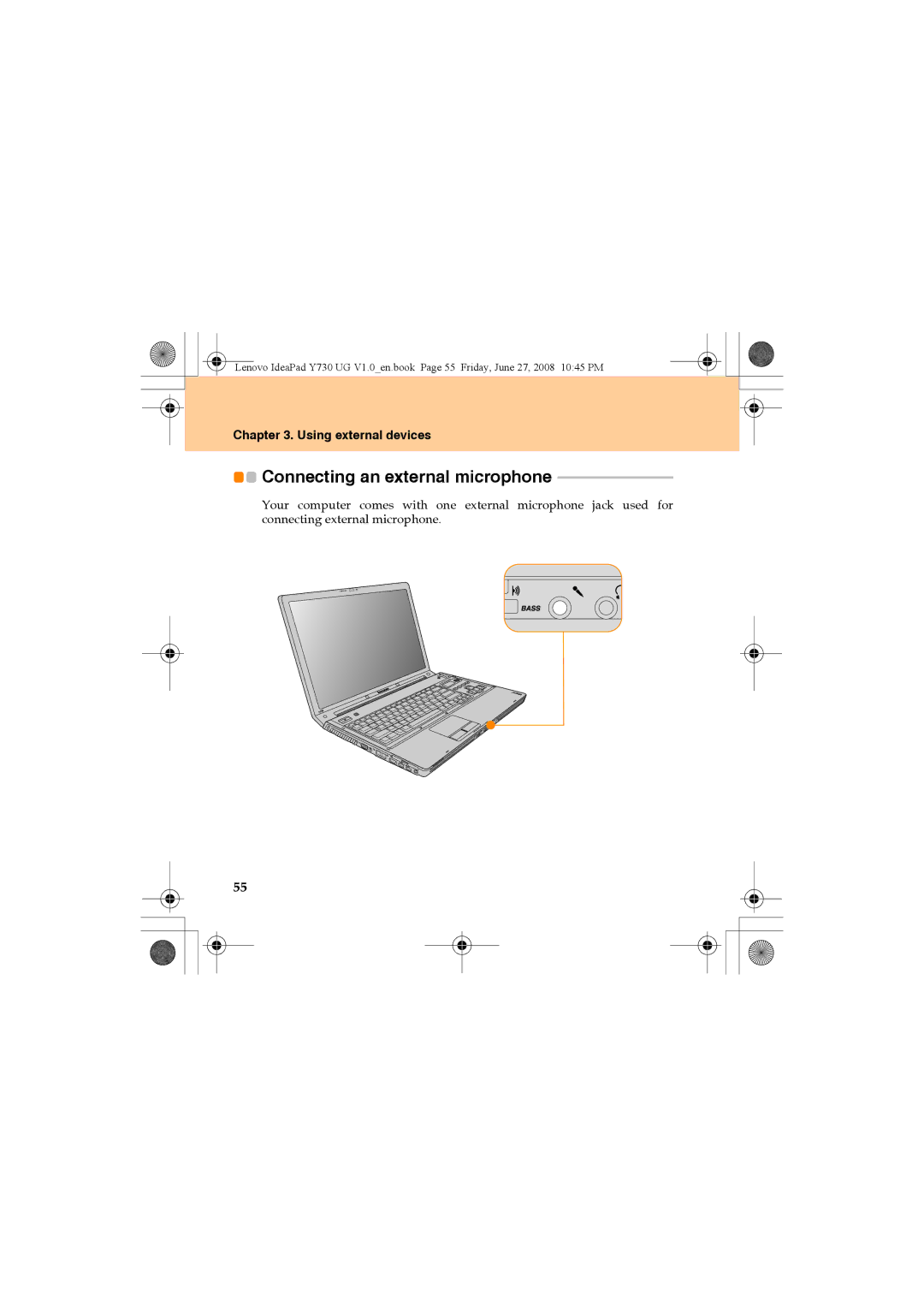 Lenovo Y730 manual Connecting an external microphone 