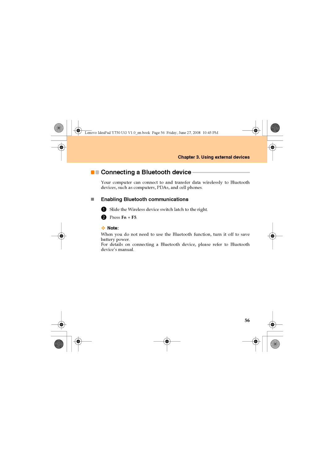 Lenovo Y730 manual Connecting a Bluetooth device, „ Enabling Bluetooth communications 