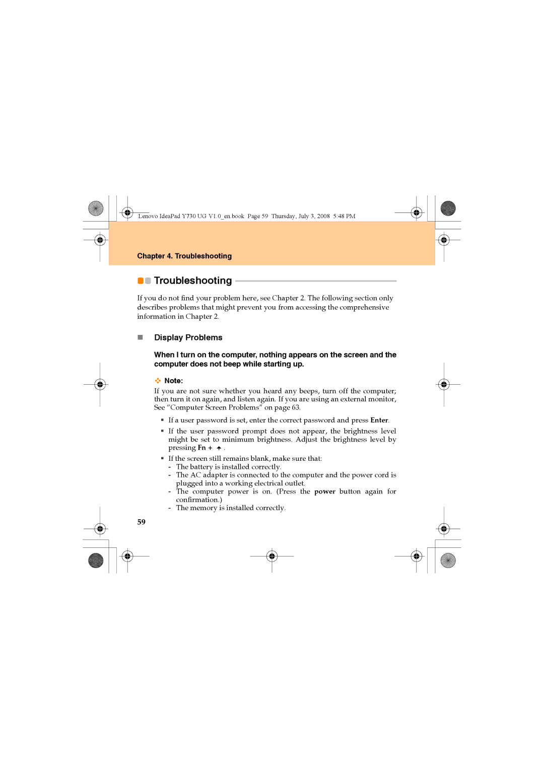 Lenovo Y730 manual Troubleshooting, „ Display Problems 