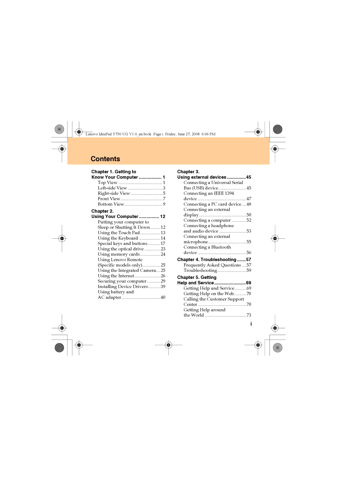 Lenovo Y730 manual Contents 