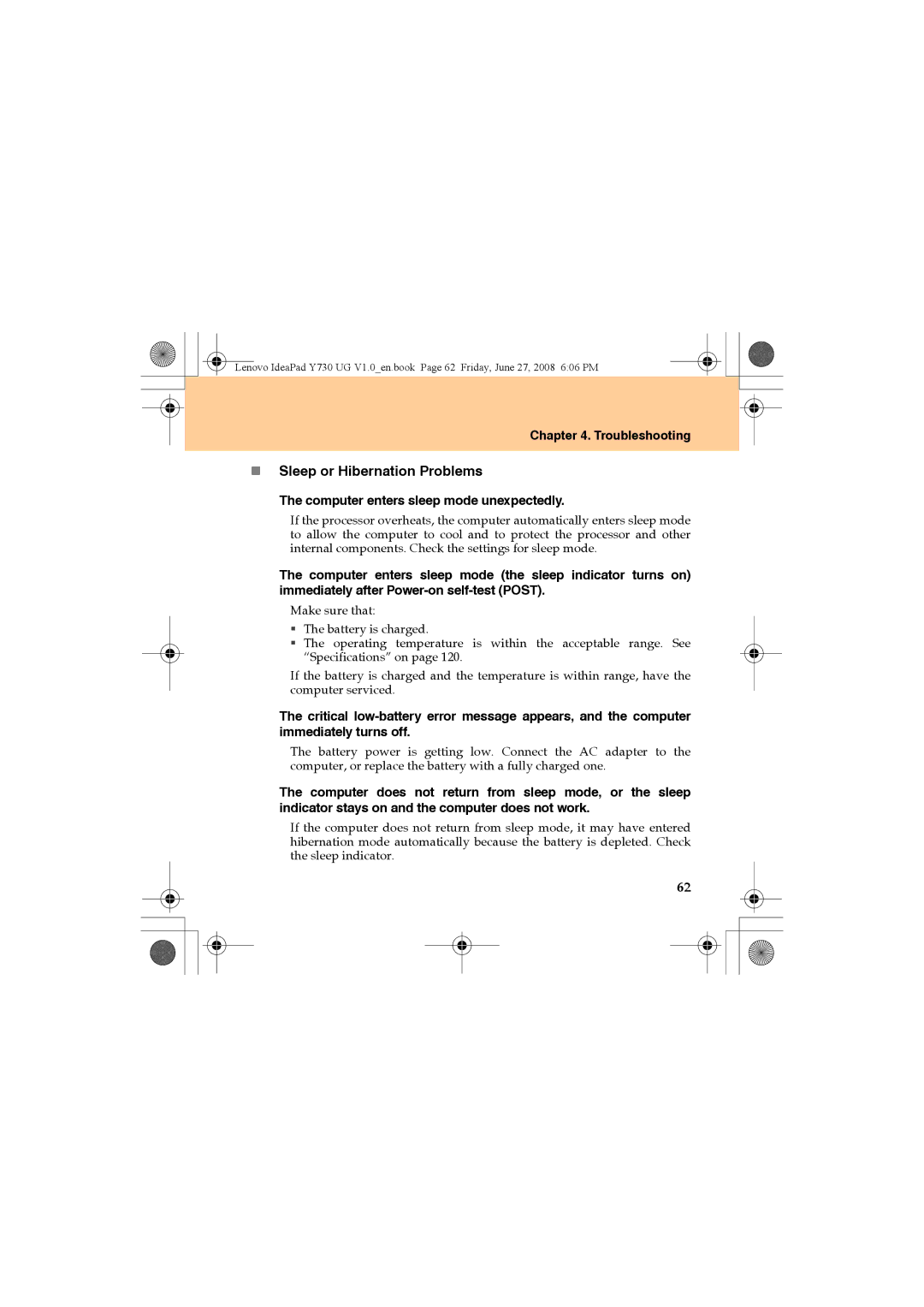 Lenovo Y730 manual „ Sleep or Hibernation Problems, Computer enters sleep mode unexpectedly 