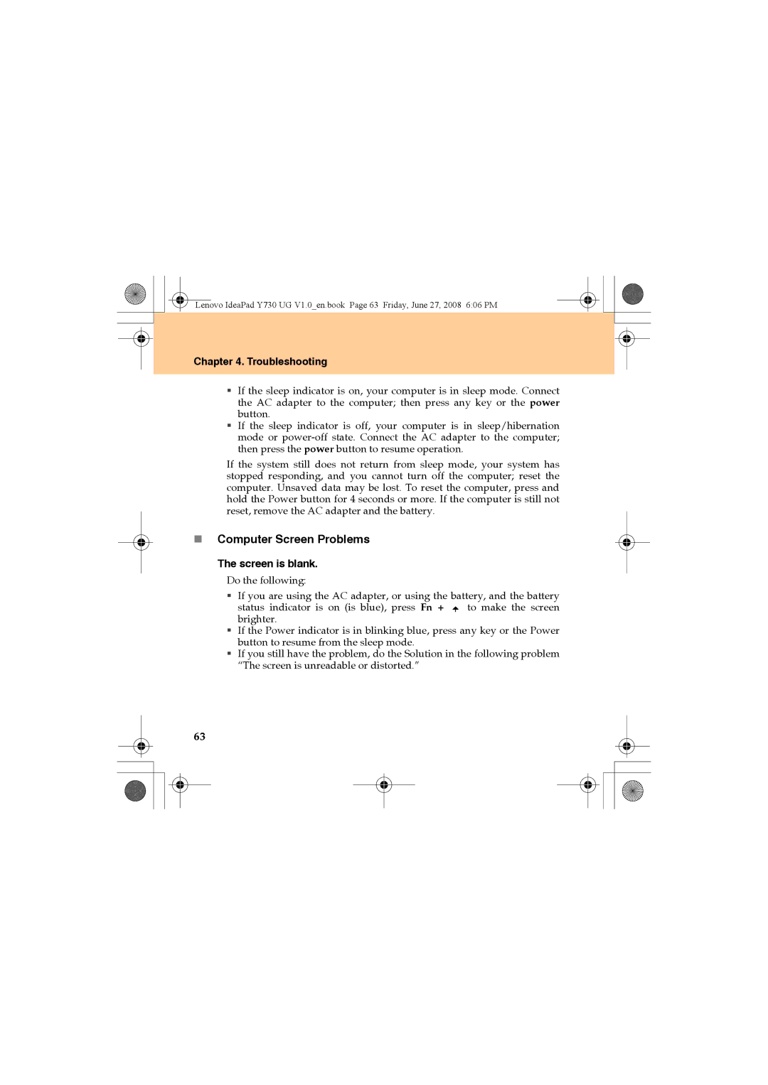 Lenovo Y730 manual „ Computer Screen Problems, Screen is blank 