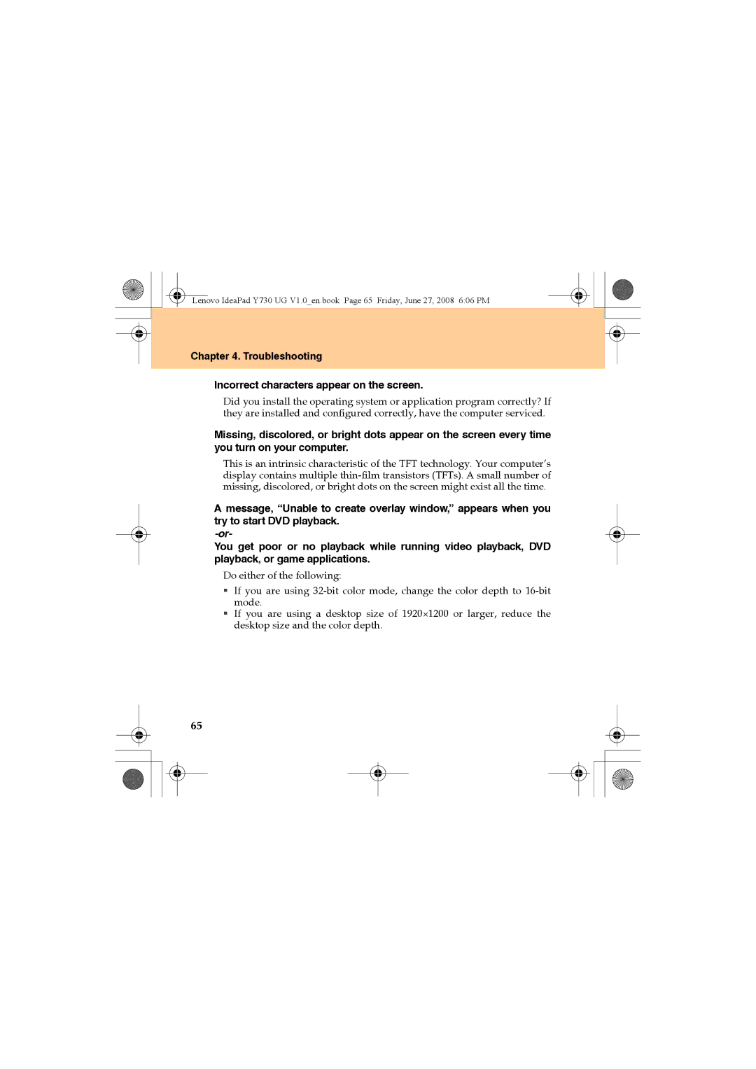 Lenovo Y730 manual Troubleshooting Incorrect characters appear on the screen 