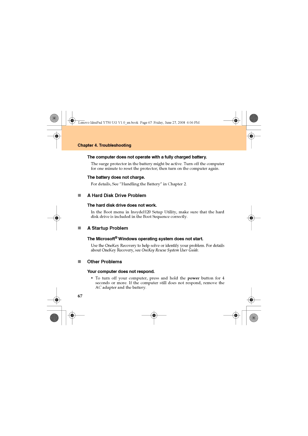 Lenovo Y730 manual „ a Hard Disk Drive Problem, „ a Startup Problem, „ Other Problems 