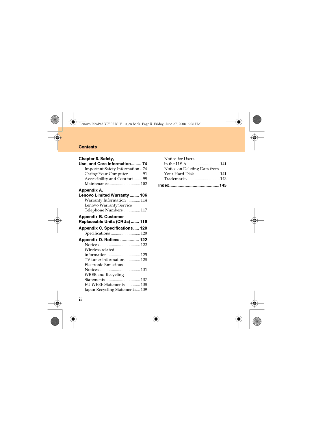 Lenovo Y730 manual Contents Safety, Appendix a, 106, Appendix B. Customer, 119, 120, 122 