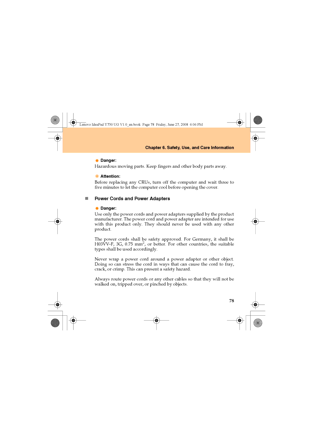 Lenovo Y730 manual „ Power Cords and Power Adapters 