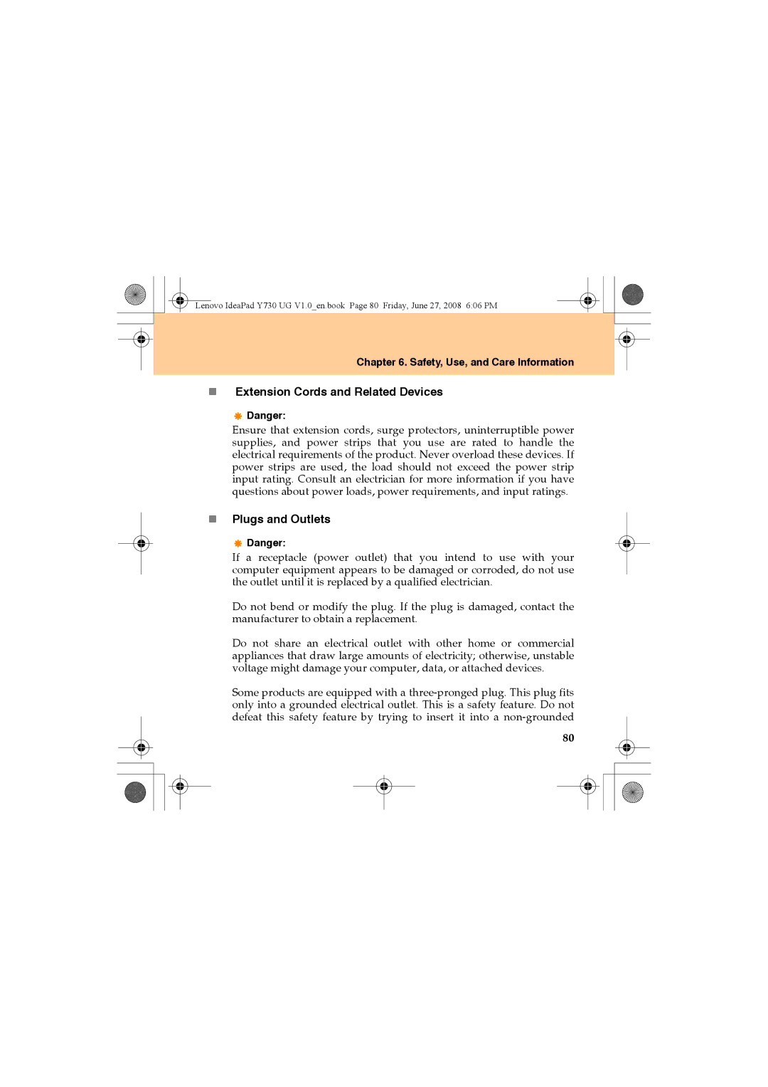 Lenovo Y730 manual „ Extension Cords and Related Devices, „ Plugs and Outlets 