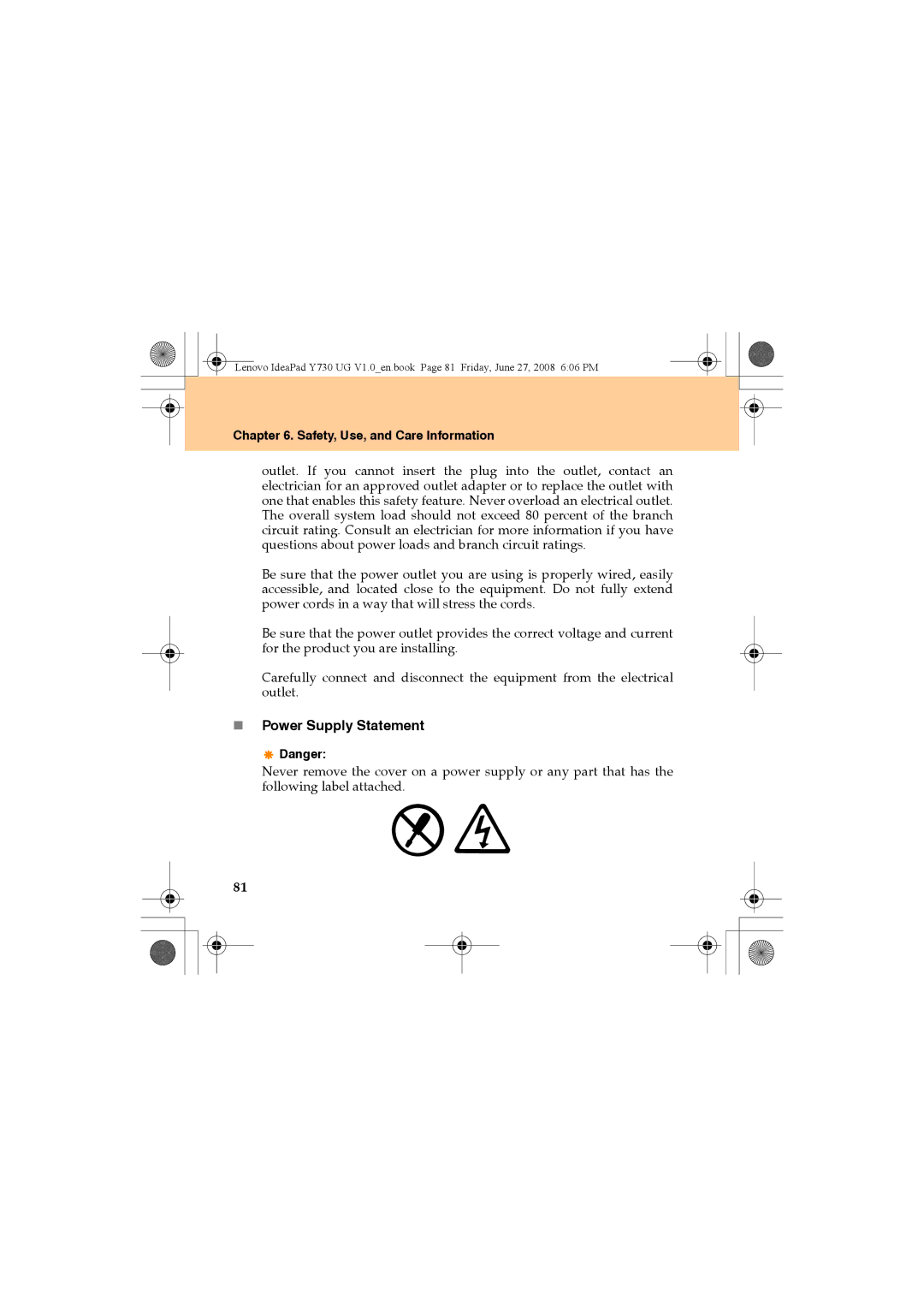 Lenovo Y730 manual „ Power Supply Statement 