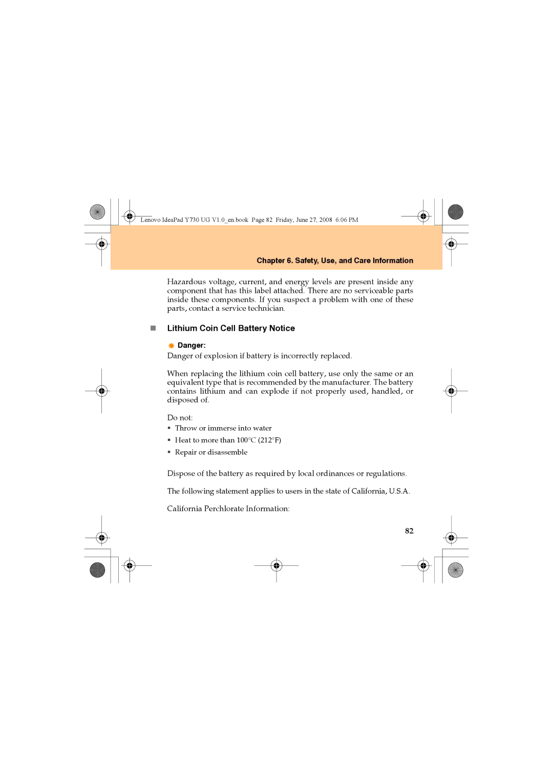 Lenovo Y730 manual „ Lithium Coin Cell Battery Notice 