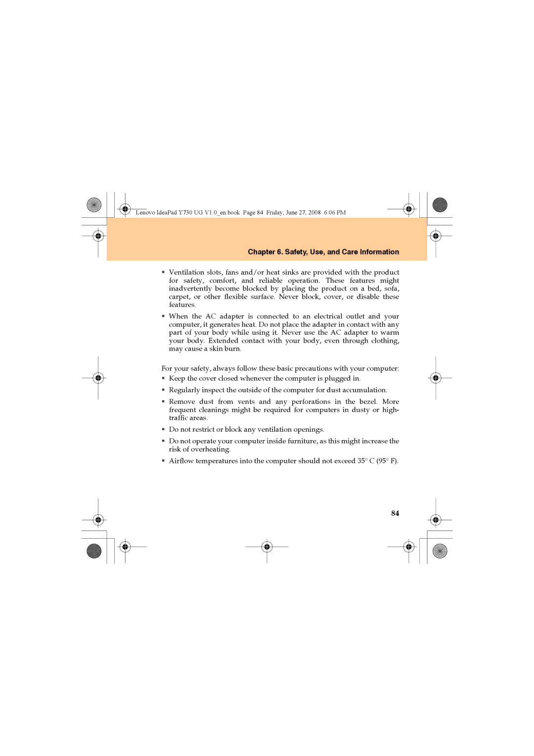 Lenovo Y730 manual Safety, Use, and Care Information 