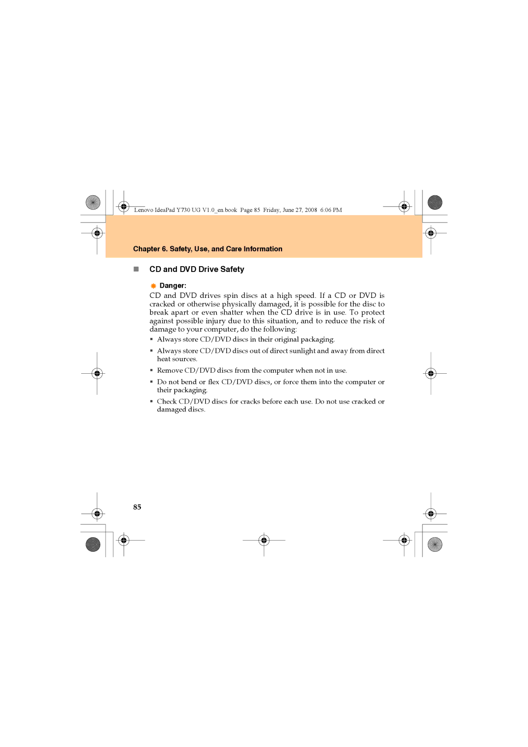 Lenovo Y730 manual „ CD and DVD Drive Safety 