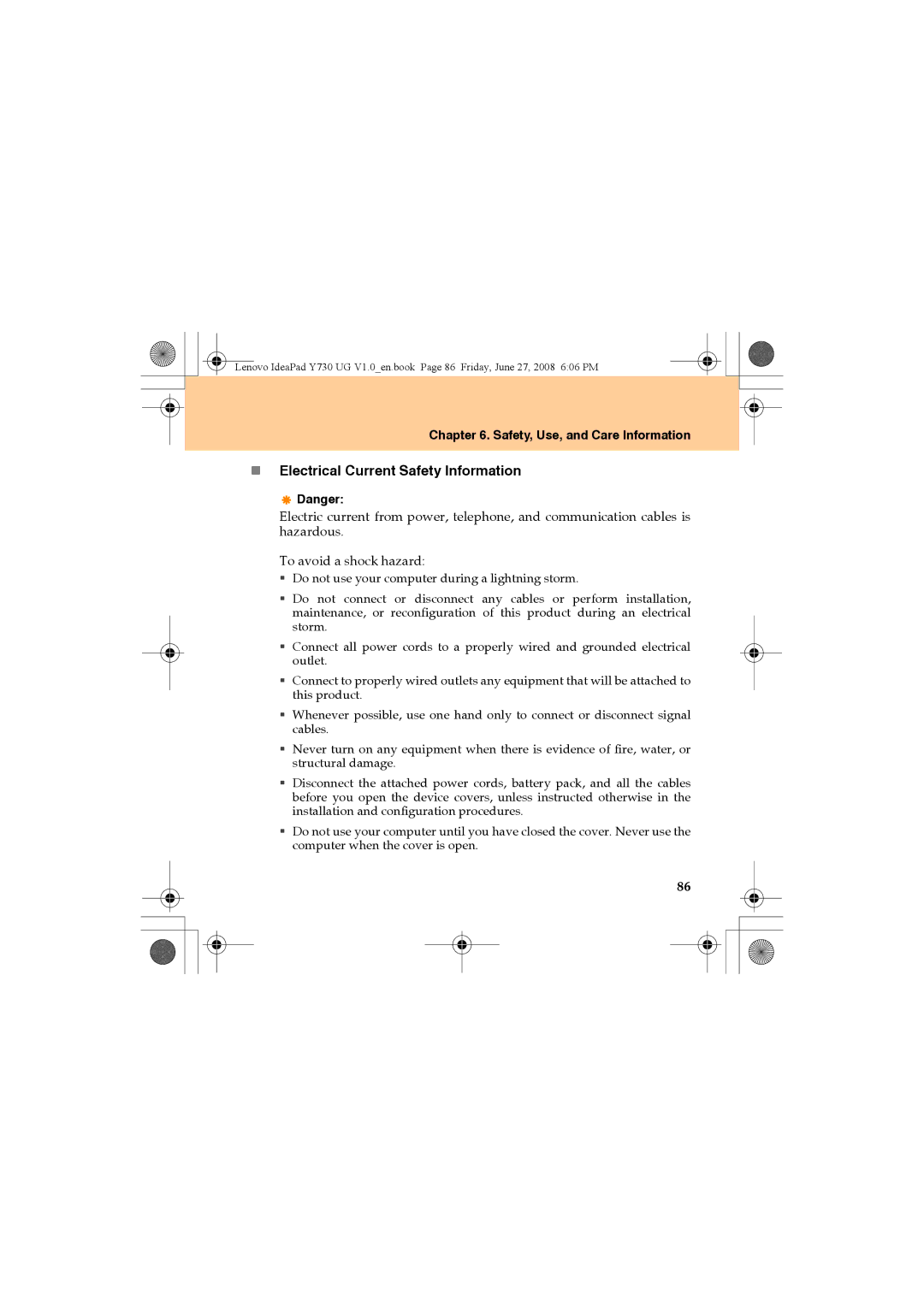 Lenovo Y730 manual „ Electrical Current Safety Information 