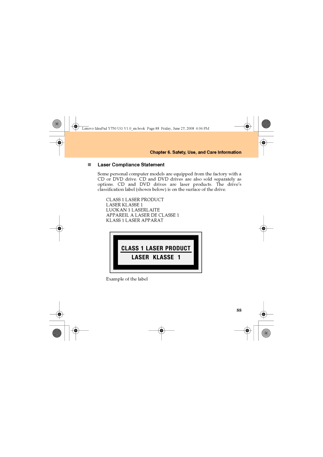 Lenovo Y730 manual „ Laser Compliance Statement 