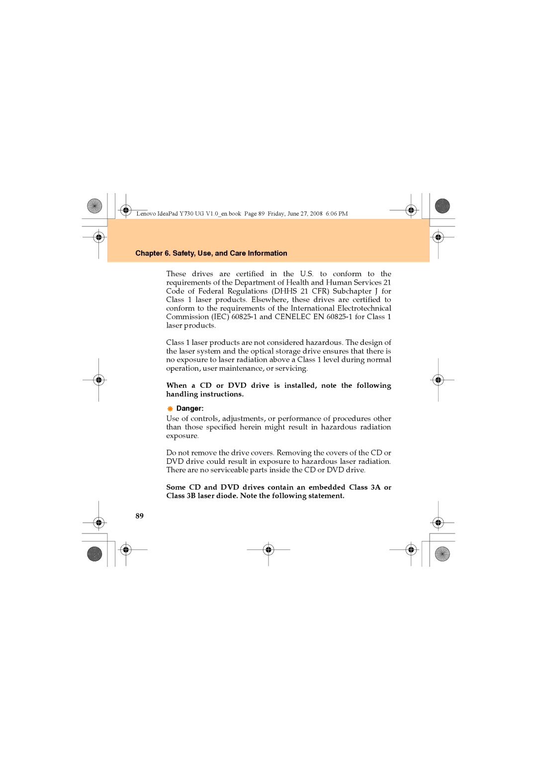 Lenovo Y730 manual Safety, Use, and Care Information 