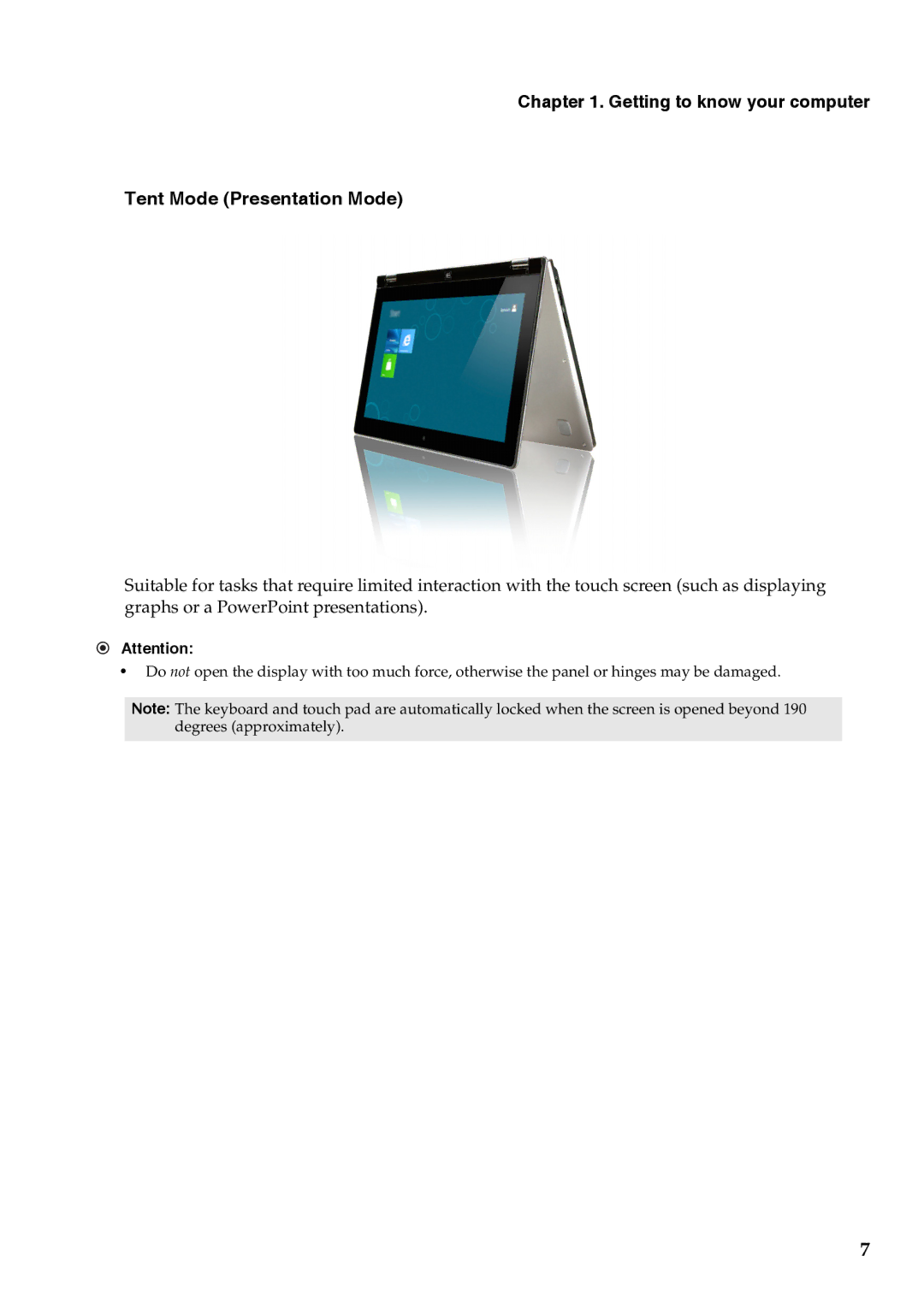 Lenovo YOGA 11S manual Getting to know your computer Tent Mode Presentation Mode 