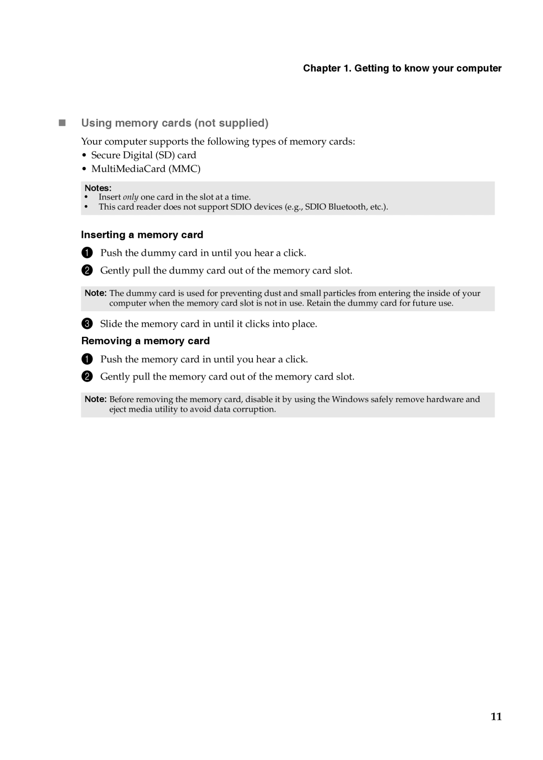 Lenovo YOGA 11S manual „ Using memory cards not supplied, Inserting a memory card, Removing a memory card 