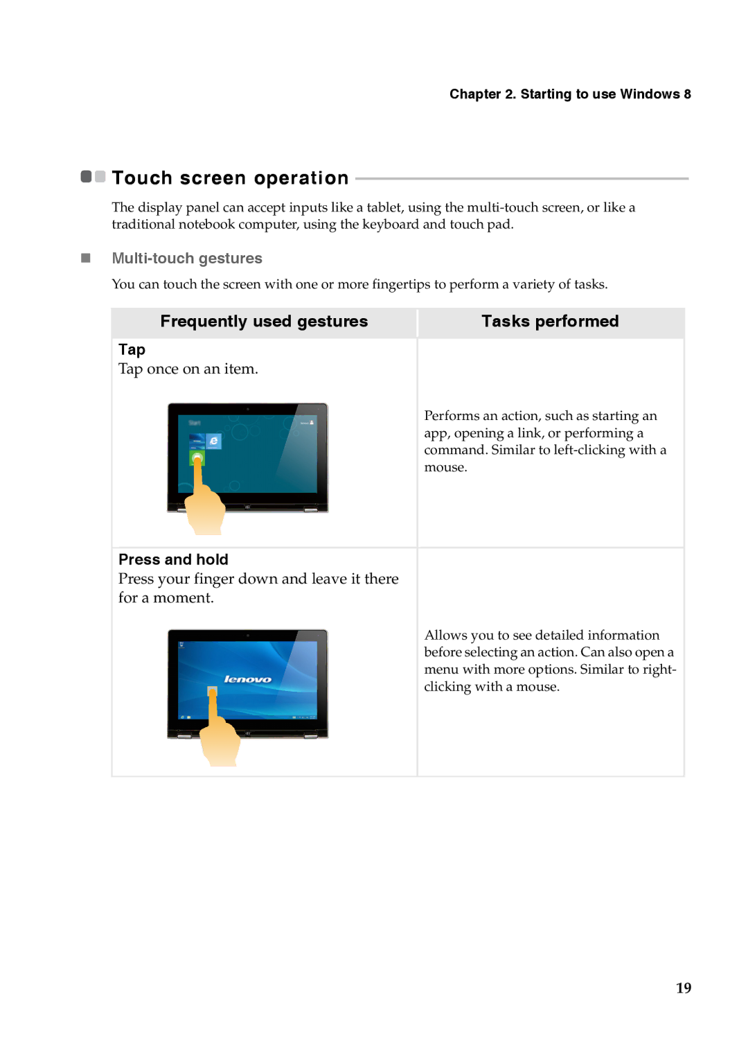 Lenovo YOGA 11S manual „ Multi-touch gestures, Tap, Press and hold 