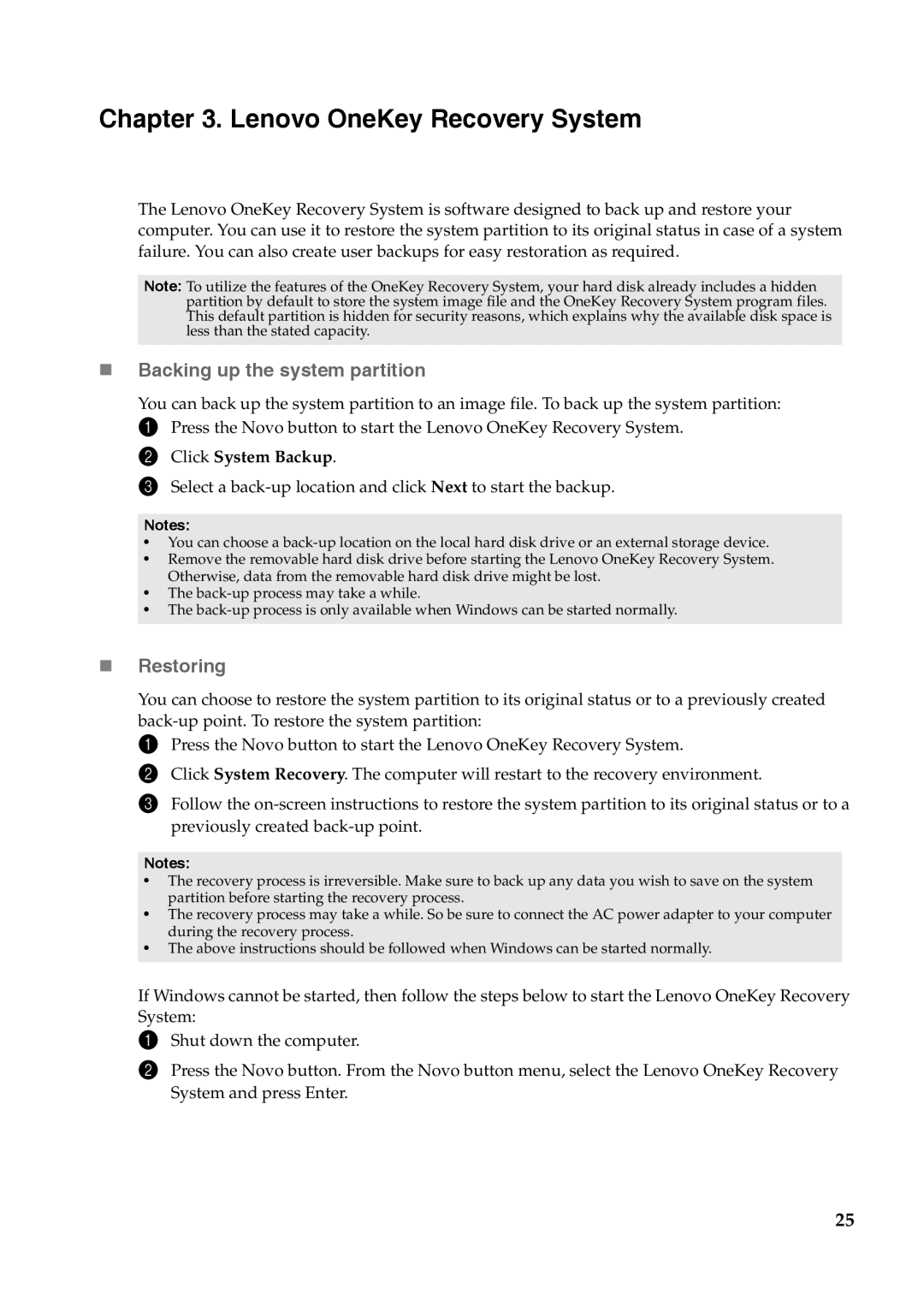 Lenovo YOGA 11S manual Lenovo OneKey Recovery System, „ Backing up the system partition, „ Restoring 