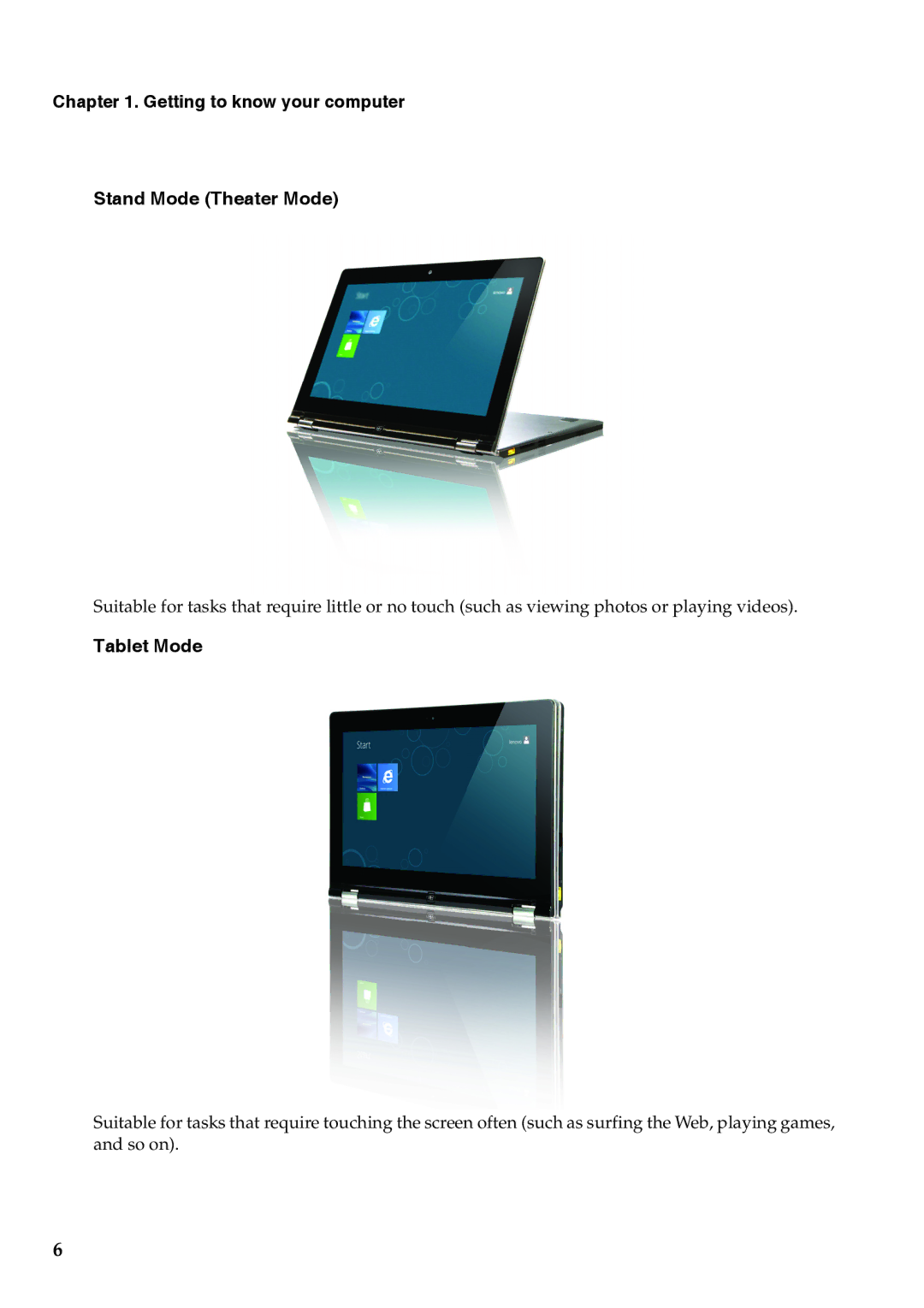 Lenovo YOGA11, 59342980 manual Getting to know your computer Stand Mode Theater Mode, Tablet Mode 