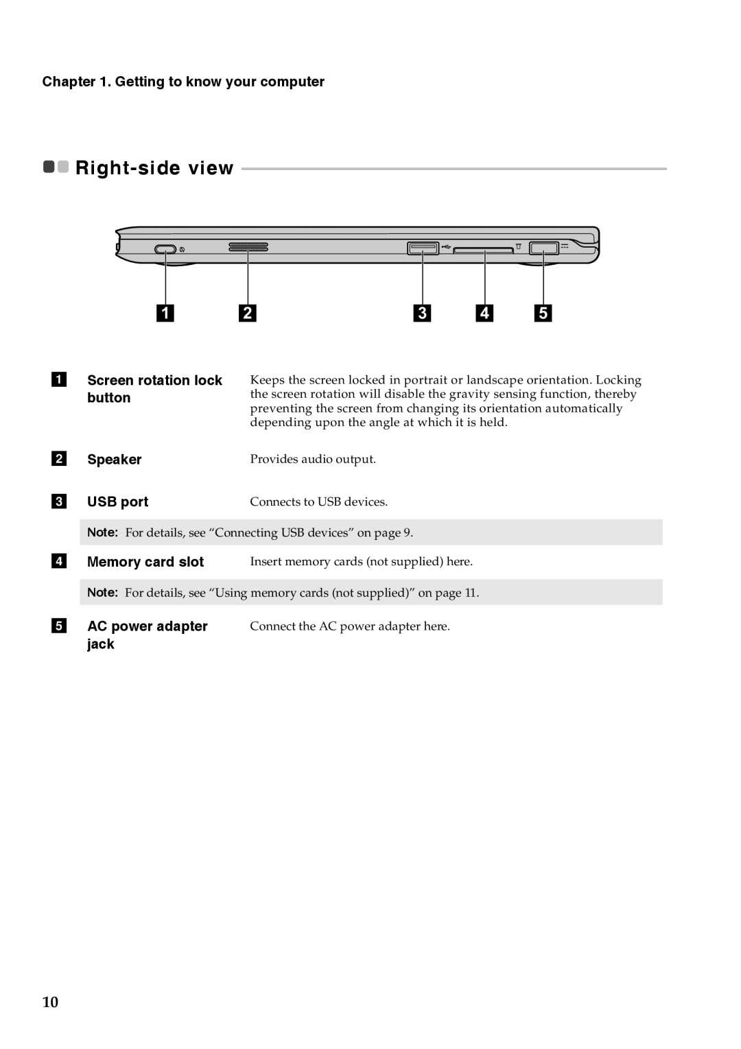 Lenovo YOGA11, 59342980 manual Screen rotation lock button Speaker USB port, Memory card slot 