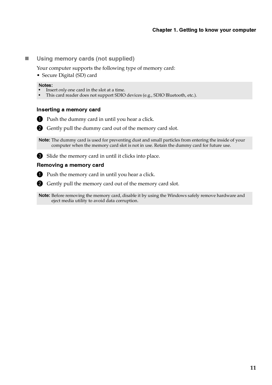 Lenovo 59342980, YOGA11 manual „ Using memory cards not supplied, Inserting a memory card, Removing a memory card 