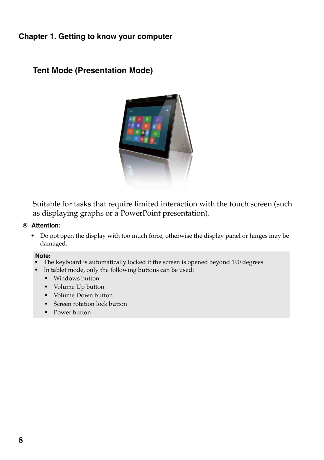 Lenovo Yoga13, 59359564, 59366628 manual Tent Mode Presentation Mode 