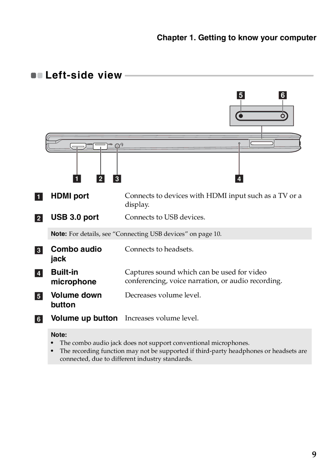 Lenovo 59359564, Yoga13, 59366628 manual Left-side view, Combo audio, Jack Built-in microphone Volume down button 