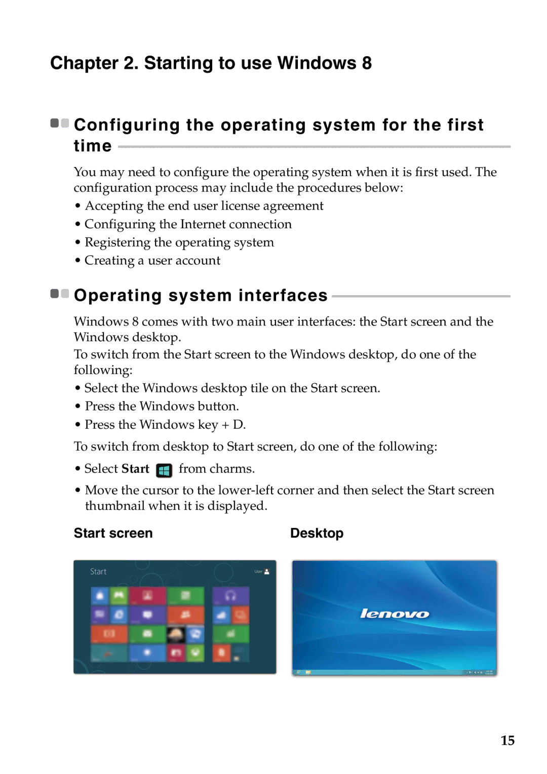 Lenovo 59359564, Yoga13 Starting to use Windows, Start screen Desktop, Configuring the operating system for the first time 