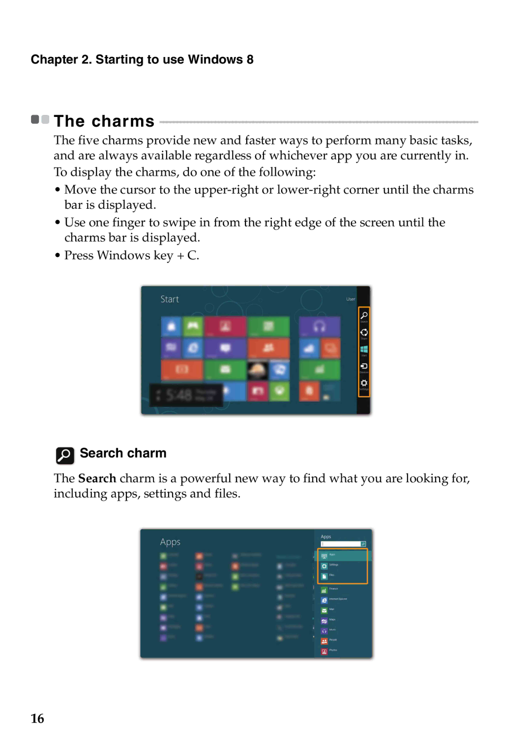 Lenovo 59366628, Yoga13, 59359564 manual Search charm, Starting to use Windows, Charms 