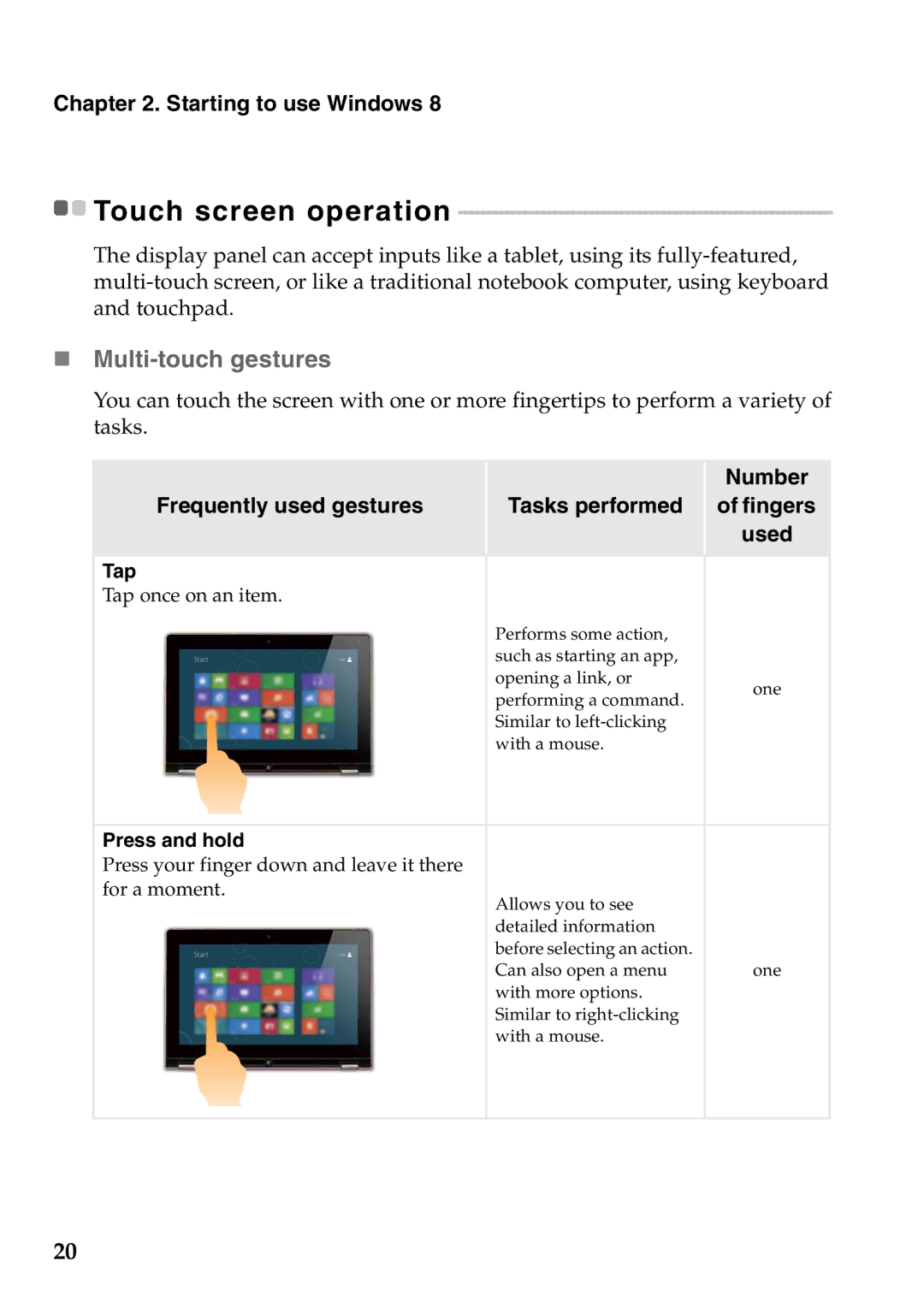 Lenovo Yoga13, 59359564, 59366628 „ Multi-touch gestures, Number, Frequently used gestures Tasks performed Fingers Used 