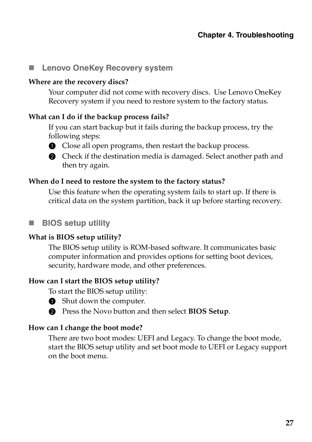 Lenovo 59359564, Yoga13, 59366628 manual „ Lenovo OneKey Recovery system, „ Bios setup utility, Troubleshooting 