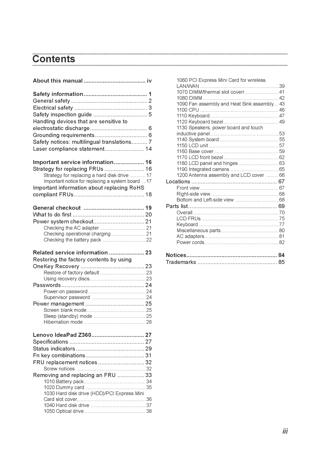 Lenovo Z360 manual Contents 