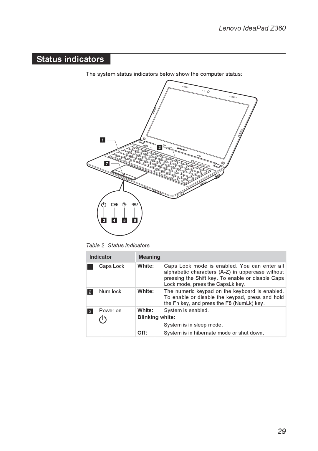 Lenovo Z360 manual Status indicators 