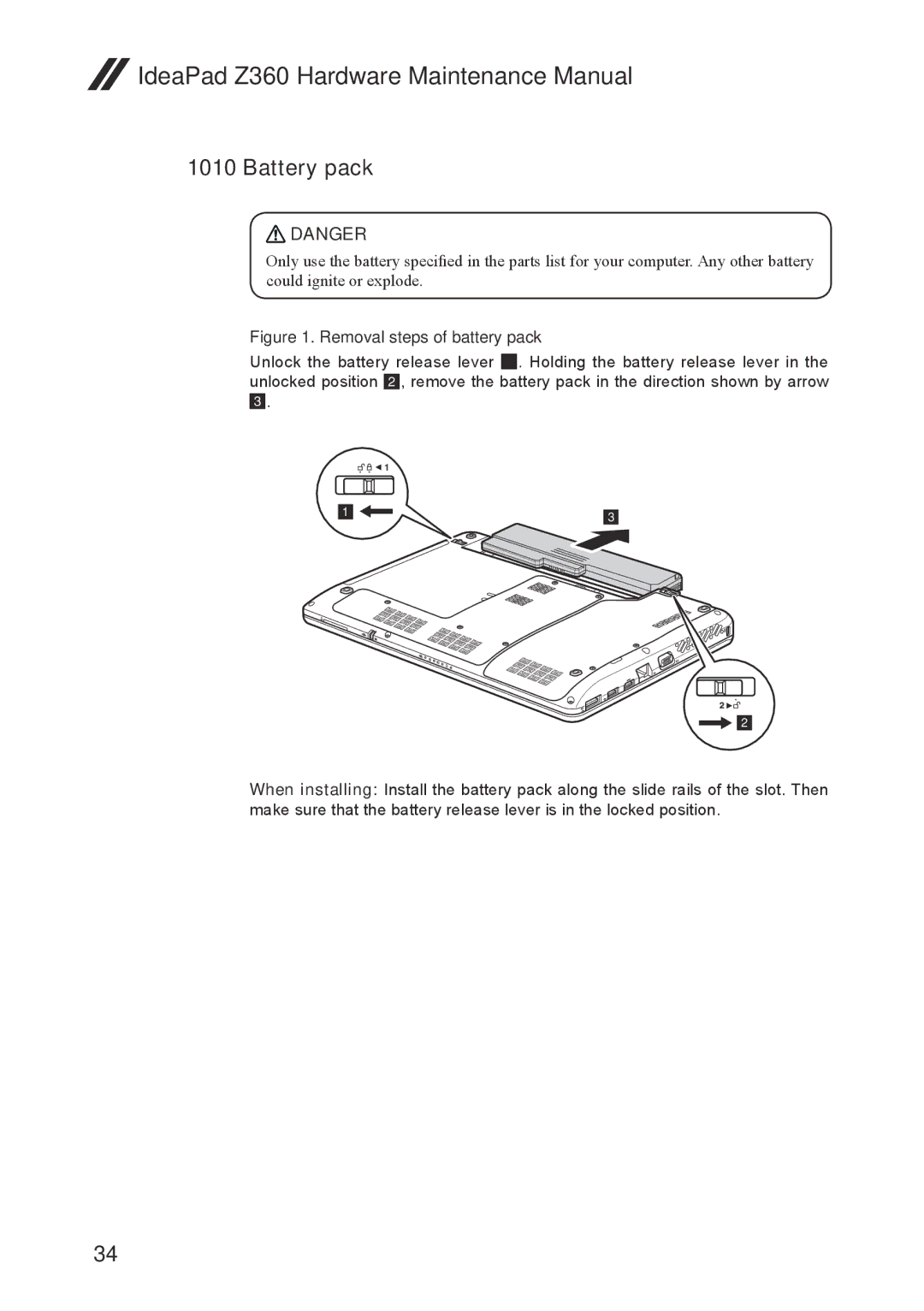 Lenovo Z360 manual Battery pack, Removal steps of battery pack 